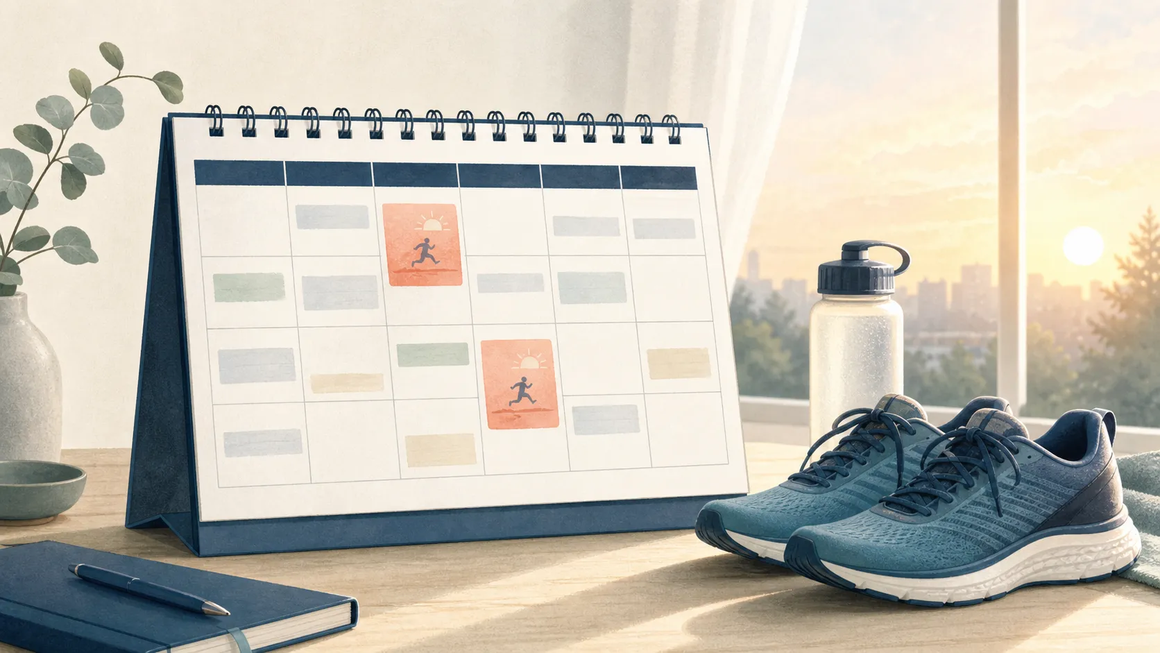 週間カレンダーの中で、現実的な二つのランニング時間を選ぶイメージ